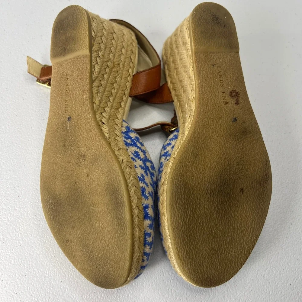 Lands' End Cara Espadrille Wedge Slingback Sandals Ankle Strap Blue Cream Size 7
